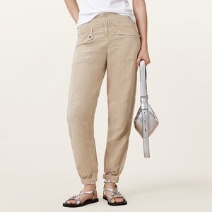 AllSaints Val Cargo Jogger • High Rise Utility Linen Blend Sz 0 Sand Beige Brown
